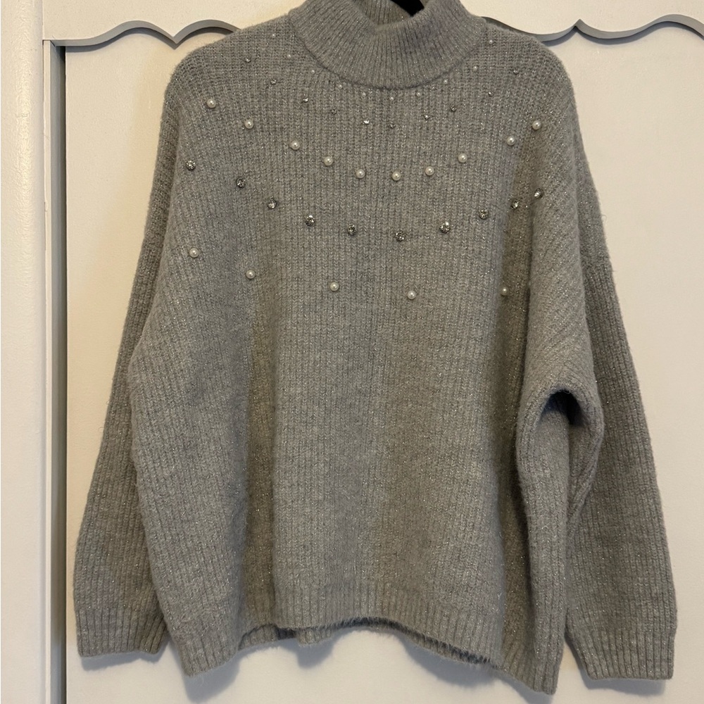 Maurices Gray Pearl-Studded Turtleneck Sweater